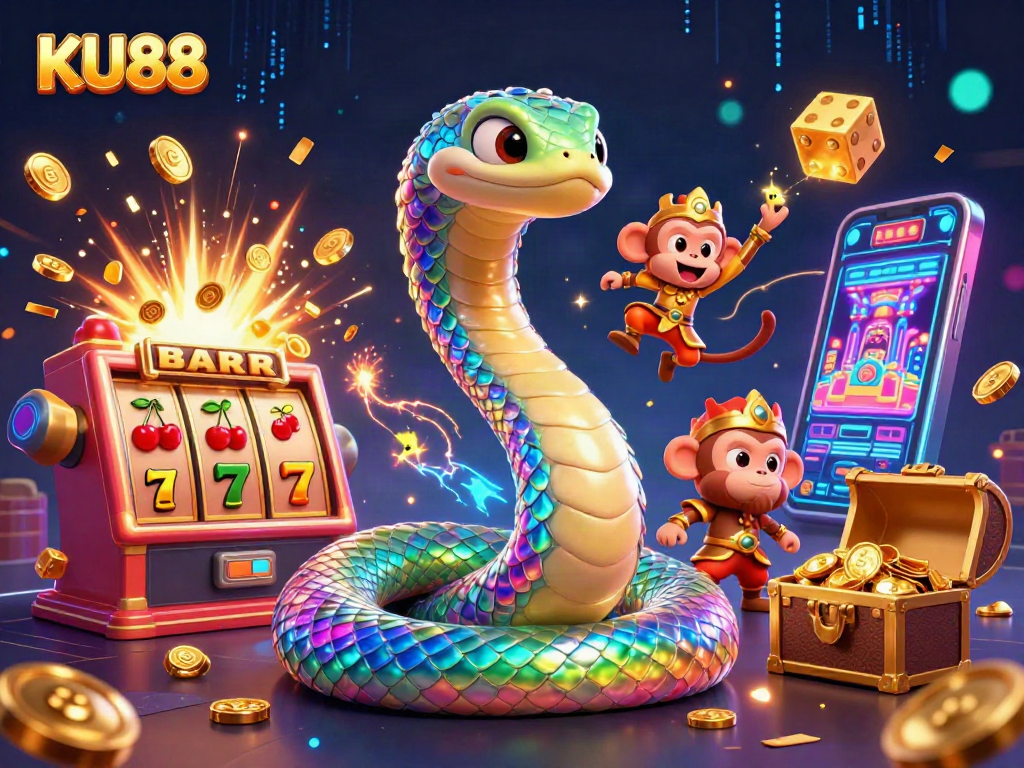 Experience the excitement of KU88 with a vibrant 3D illustration capturing the thrill of online casino gaming.