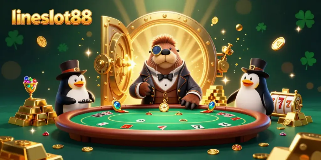 Experience thrilling gameplay at lineslot88 with an underwater poker scene featuring a walrus, penguin dealer, and pufferfish.