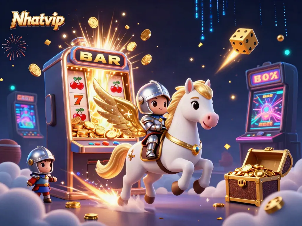 Experience the excitement of Nhatvip with a dynamic 3D illustration featuring a magical horse and casino game elements.