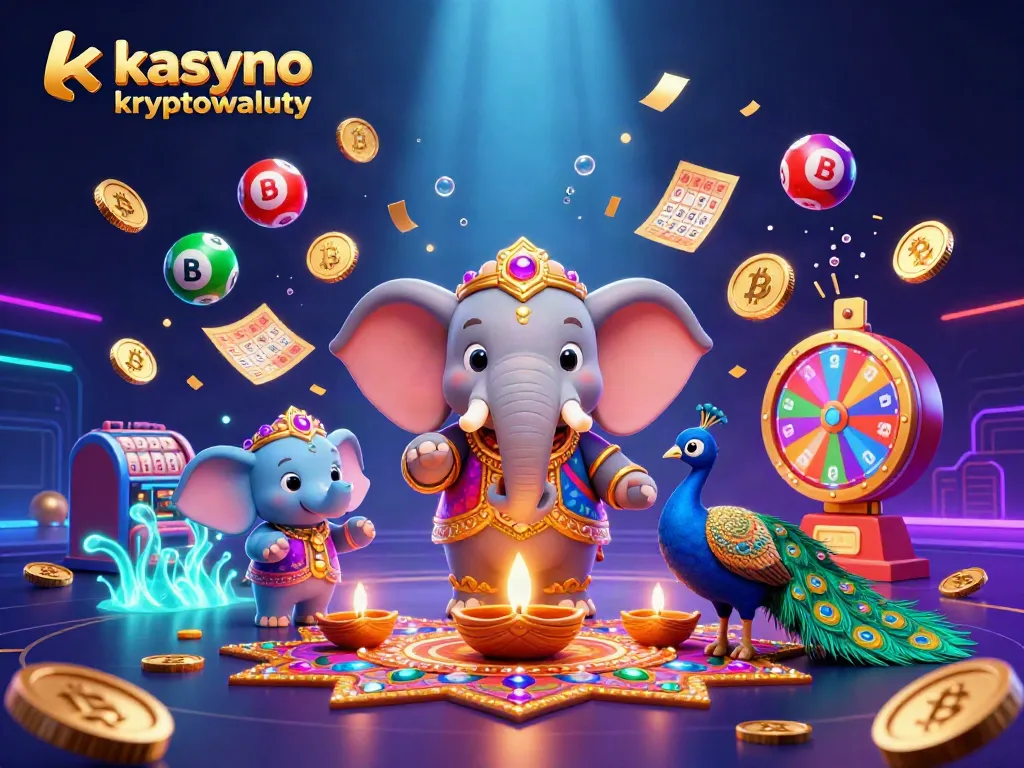 Spin and win at kasyno kryptowaluty with Bitcoin slots, dynamic lottery balls, and celebratory elements.
