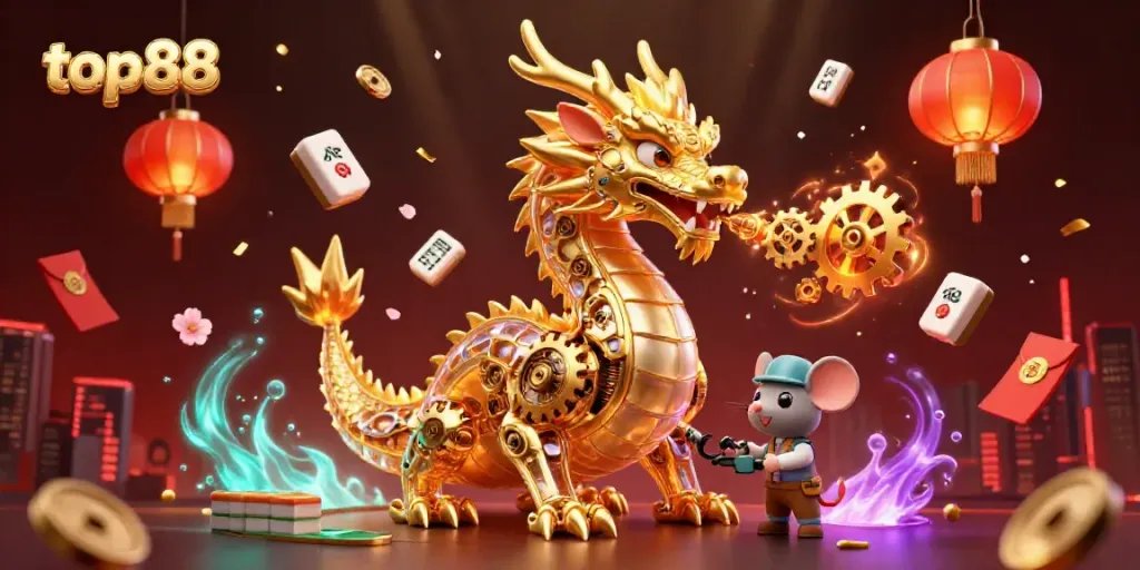 Engage with top88's vibrant online casino scene, showcasing a golden dragon amidst gaming elements.