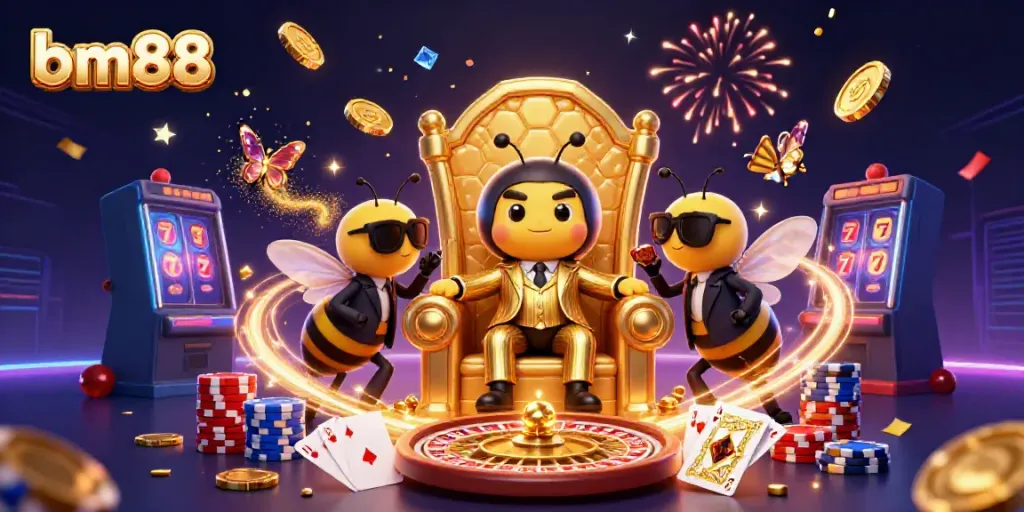 Experience the vibrant world of bm88 with a dynamic 3D casino scene filled with gold coins and a buzzing atmosphere.