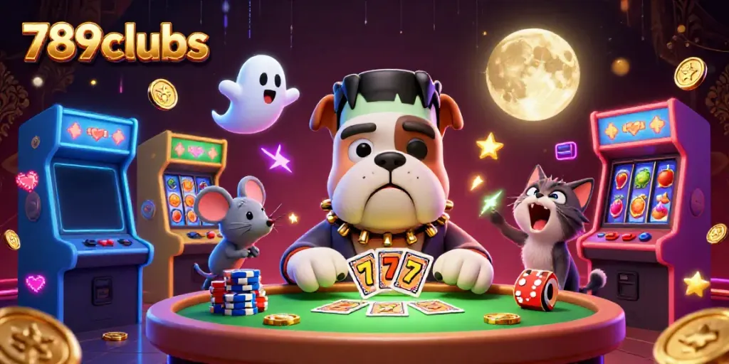 Experience the thrill at 789clubs with a colorful casino scene featuring unique 3D characters and slot elements.