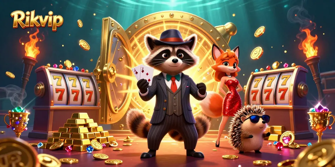Experience the excitement of Rikvip with a royal flush, dazzling gems, and vibrant casino elements