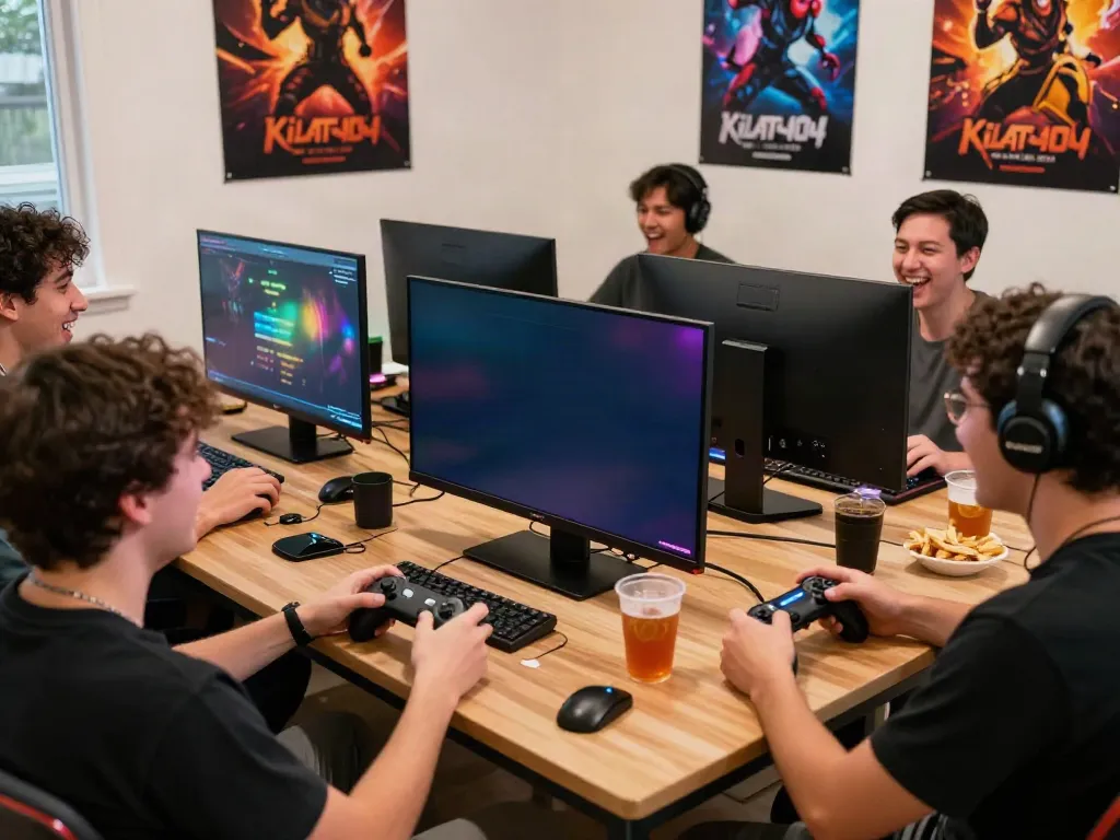Kilat404 gaming scene with enthusiastic players enjoying a gaming session together.
