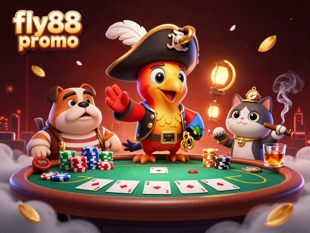 Experience the excitement of fly88 promo with a vibrant casino scene featuring colorful poker elements and dynamic characters.