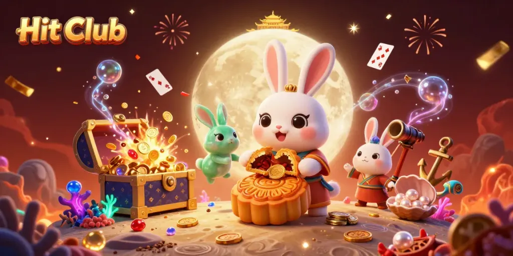 Engage with the Hit Club in this vibrant 3D casino scene featuring a moon rabbit and treasures.