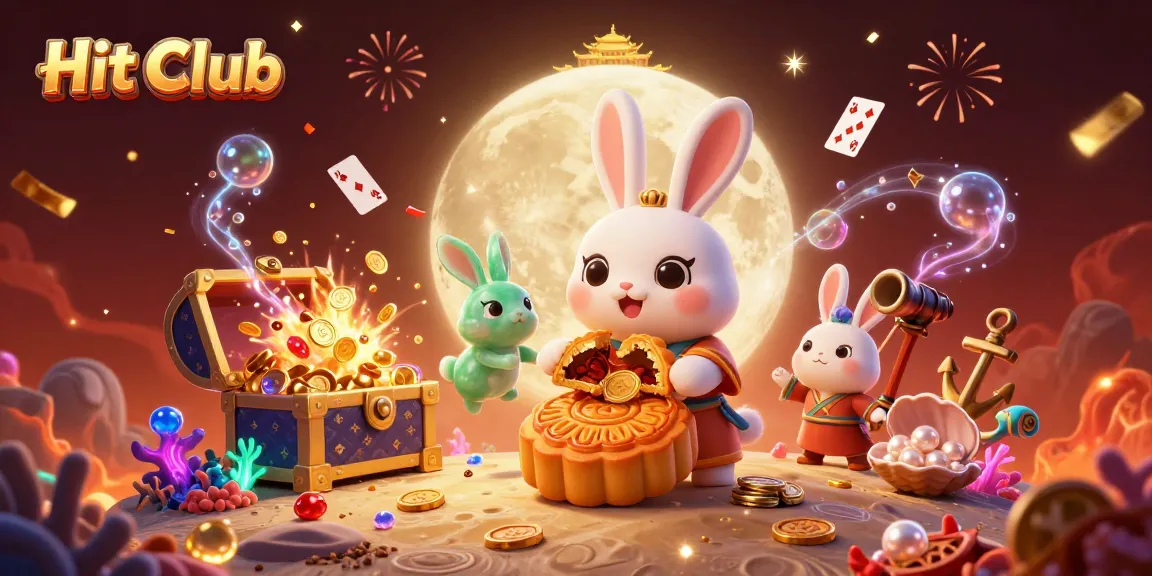 Engage with the Hit Club in this vibrant 3D casino scene featuring a moon rabbit and treasures.