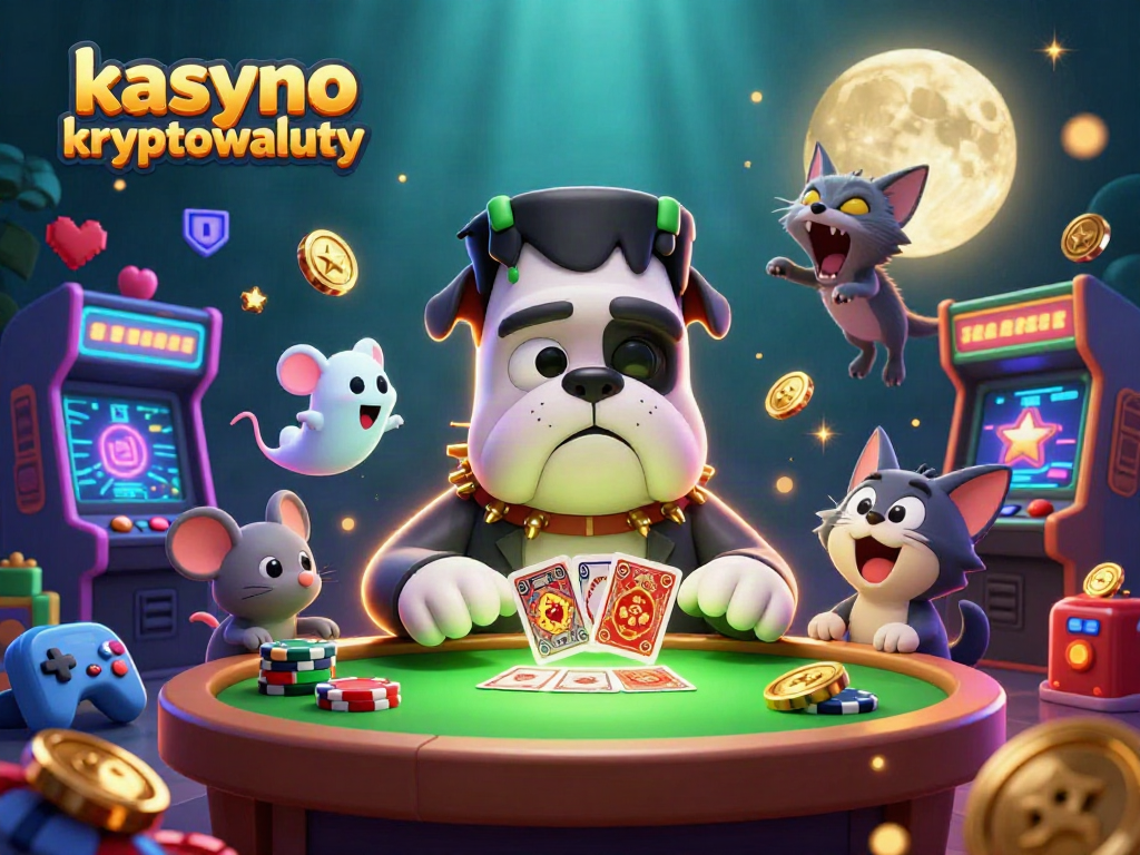 Engage with kasyno kryptowaluty as a Frankenstein bulldog deals cards, surrounded by vibrant casino elements.
