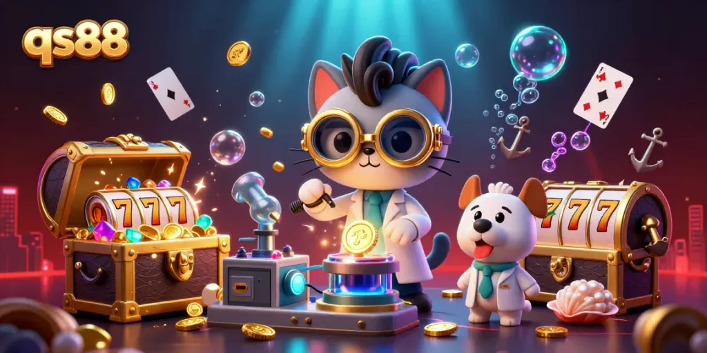Engage with qs88 in a vibrant 3D scene filled with animated casino elements and fun characters.