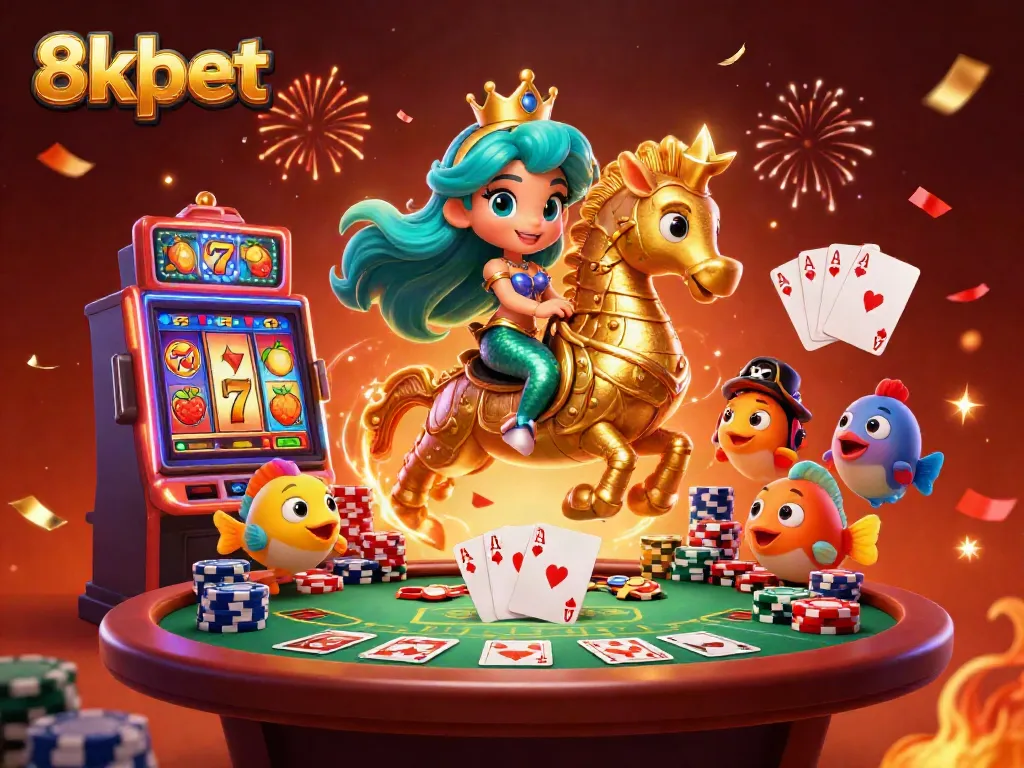Experience thrilling gameplay at 8xbet with vibrant slot machines and a lively mermaid princess.