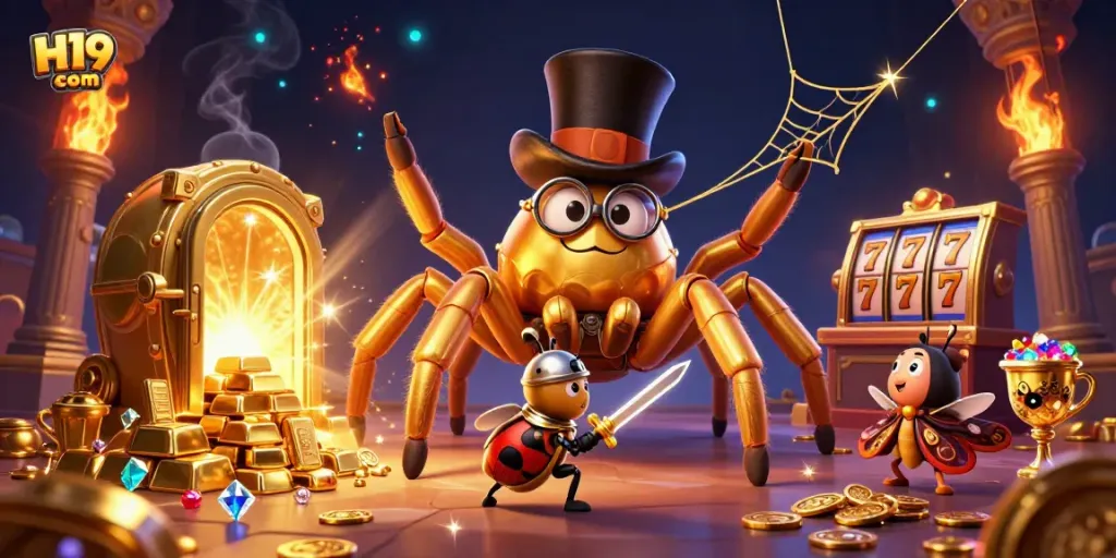Engage with the world of H19 com as a brave knight faces a golden tarantula in a thrilling casino scene.