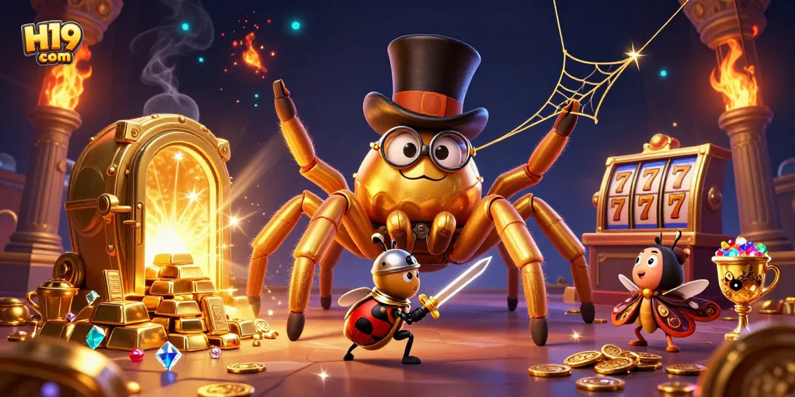 Engage with the world of H19 com as a brave knight faces a golden tarantula in a thrilling casino scene.