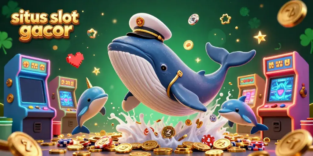 Engage with situs slot gacor as playful dolphins and a majestic whale celebrate a jackpot amidst vibrant gaming elements.