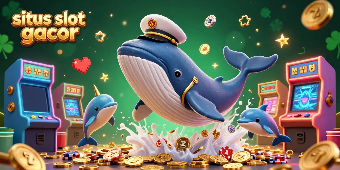 Engage with situs slot gacor as playful dolphins and a majestic whale celebrate a jackpot amidst vibrant gaming elements.