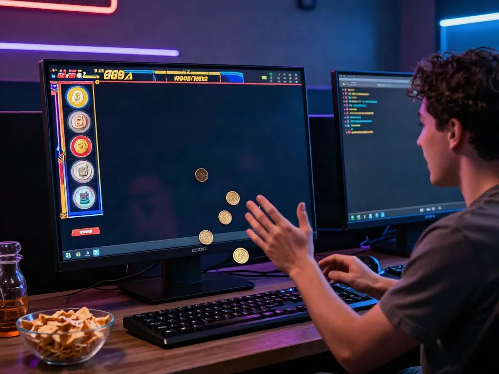 Player enjoying slot games in a vibrant online gambling setup with colorful graphics and snacks.