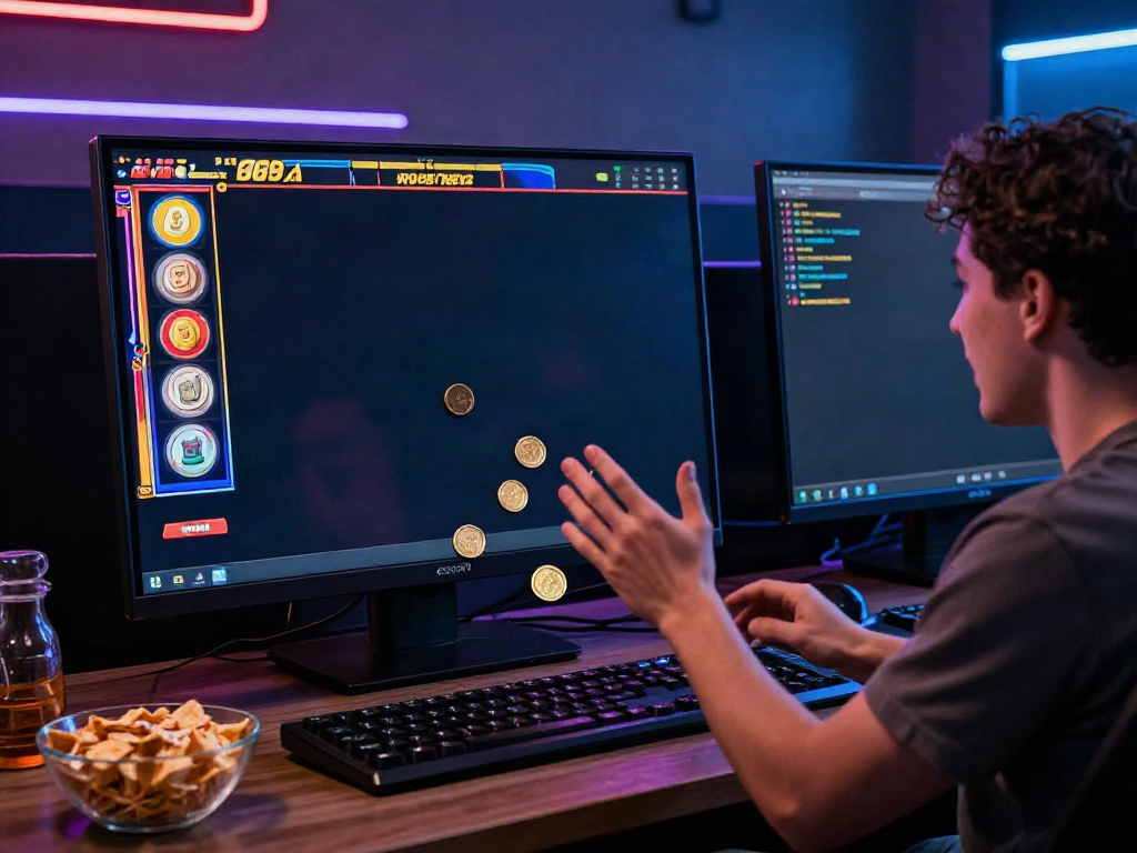 Player enjoying slot games in a vibrant online gambling setup with colorful graphics and snacks.
