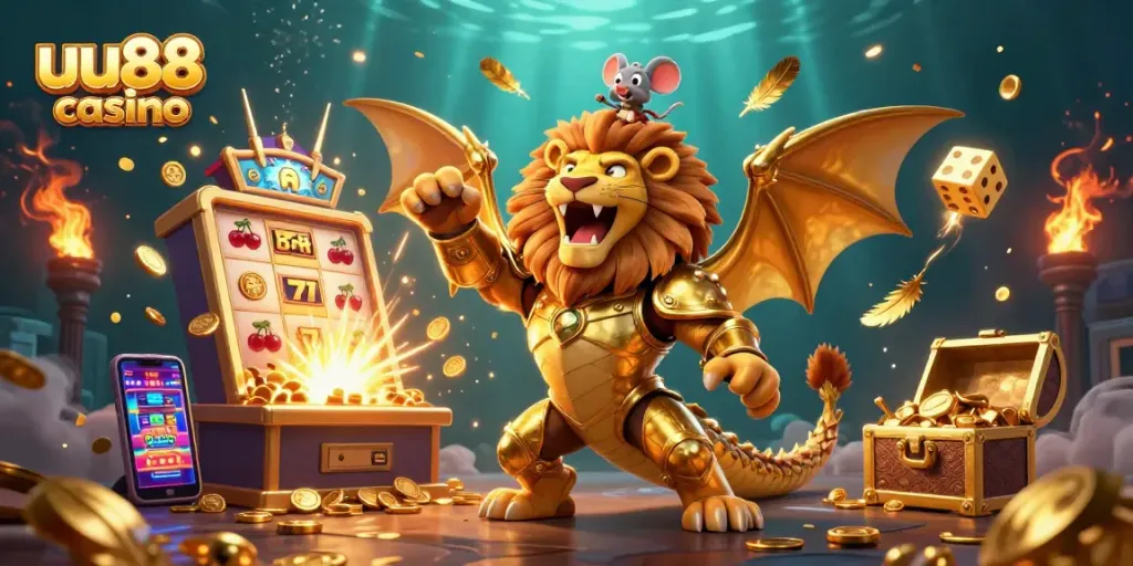 Experience the excitement of uu88 casino with a vibrant scene featuring a roaring chimera and jackpot action.