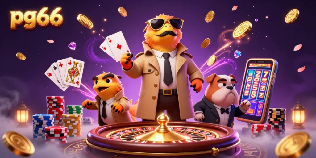 Experience thrilling gaming at pg66 with raptors in a trench coat entering a VIP casino.