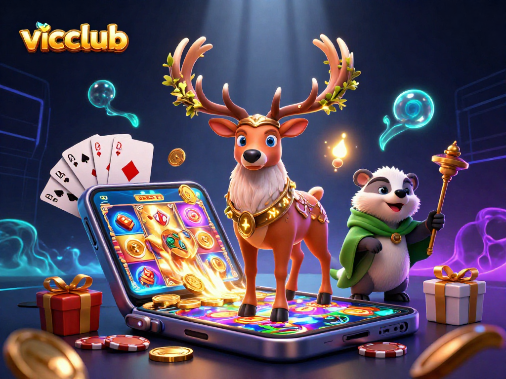 Experience thrilling wins at vicclub with engaging slot games, surrounded by magical characters.