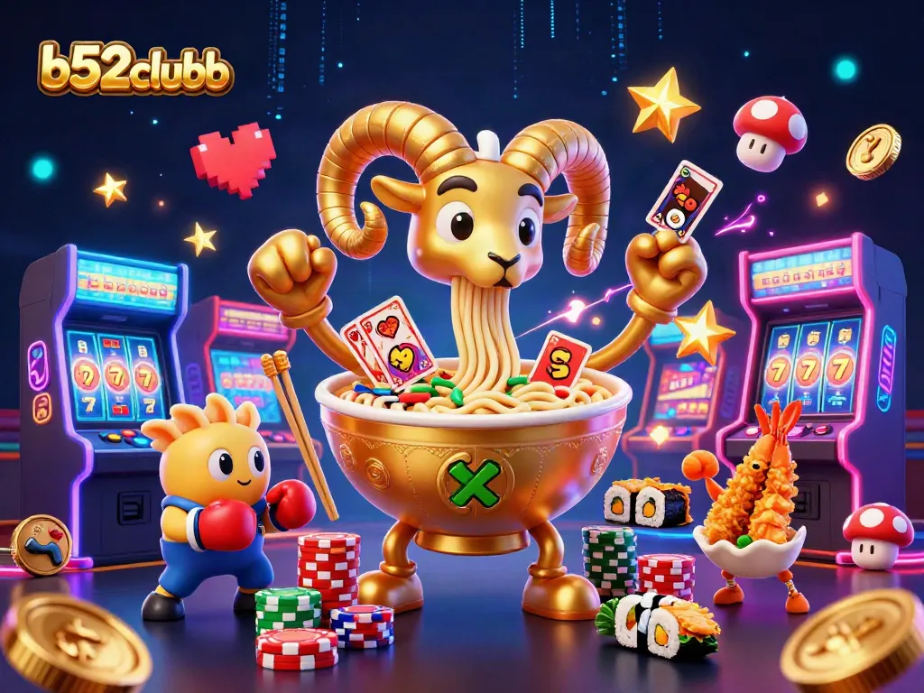 Engage with exciting b52clubb casino action featuring a vibrant ramen bowl character, cards, and coins.