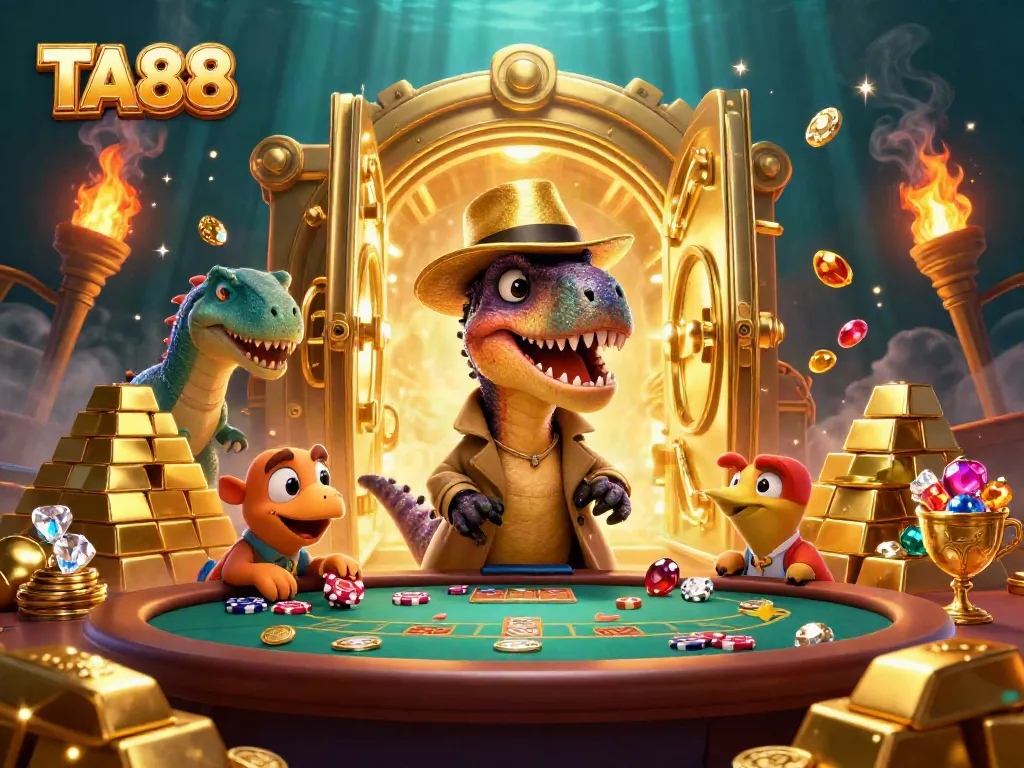 Experience thrilling casino action with TA88 as a velociraptor card counter interacts with a pit boss in an engaging setting.
