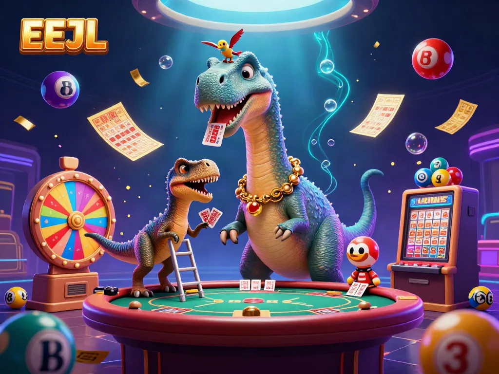 EEJL promotional illustration showcasing a giant brontosaurus playing poker with a raptor dealer.