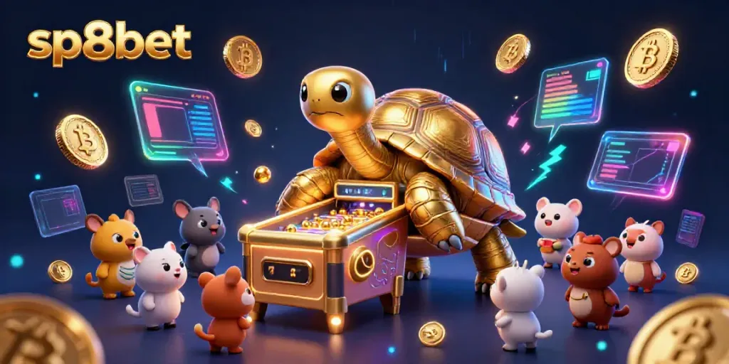 Win big at sp8bet with a vibrant casino scene featuring a golden tortoise pinball and crypto elements.