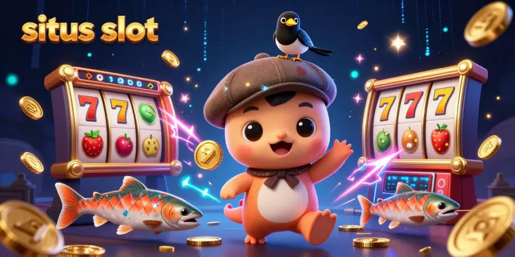 Situs slot illustration featuring a playful Nessie and gold-obsessed magpie amidst slot reels and sparkling coins.