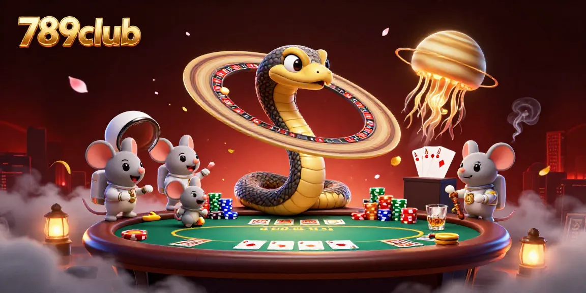 Place bets with 789club in a dynamic 3D illustration featuring casino elements and space-themed characters.
