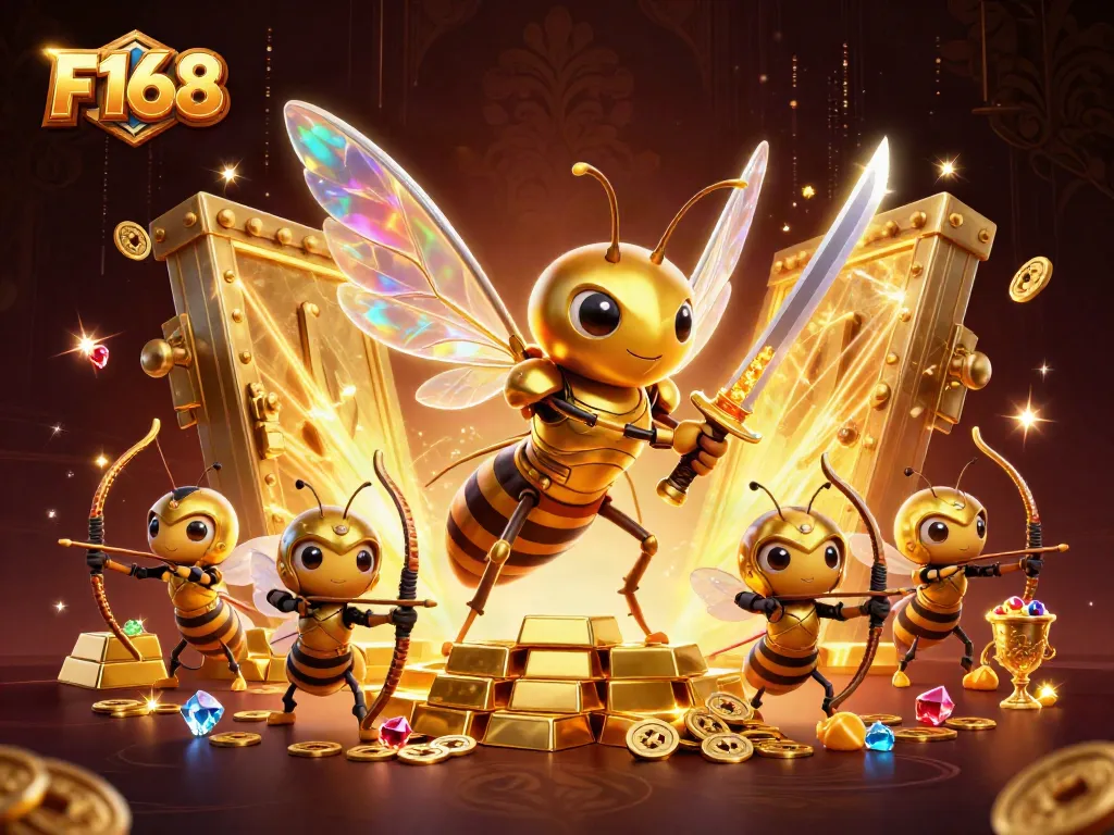 Exclusive F168 gaming scene featuring a hornet in samurai armor wielding honey-katanas among treasure.