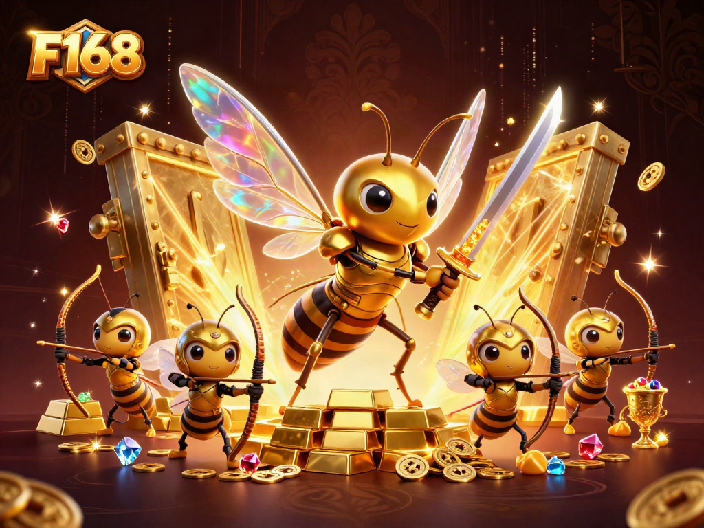 Exclusive F168 gaming scene featuring a hornet in samurai armor wielding honey-katanas among treasure.