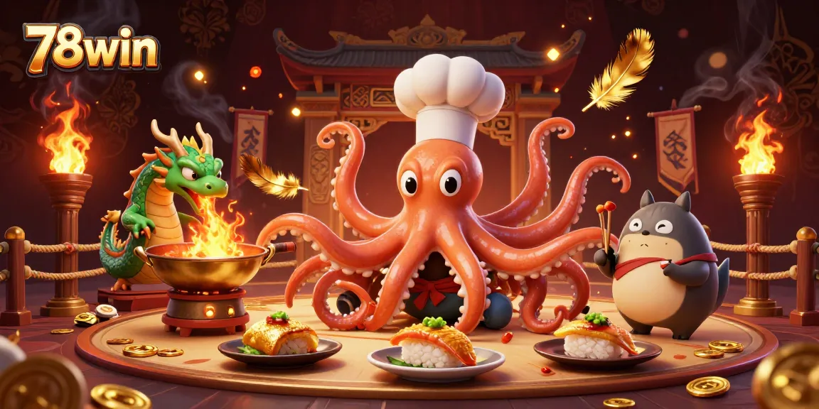 Engage with 78win's colorful gaming scene featuring an octopus chef cooking and a dragon companion.