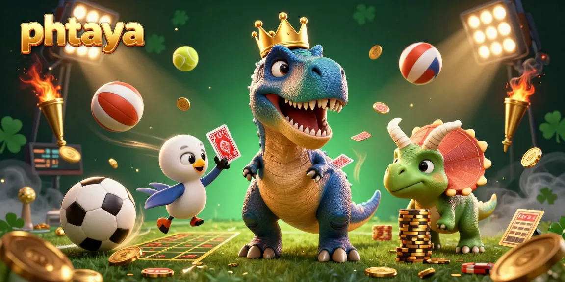 Phtaya brings excitement as a T-Rex shuffles cards while stacking chips, showcasing sports bet elements.