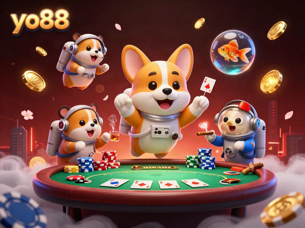 Experience exciting gaming at yo88 with floating poker chips and vibrant casino elements in a digital illustration.