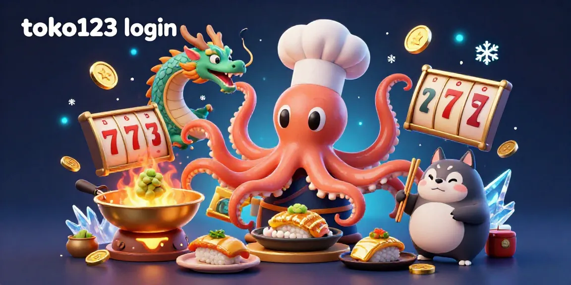 Engage with exciting slot games at toko123 login with a vibrant 3D illustration featuring characters and casino elements.