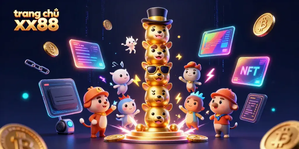 Explore vibrant visuals of trang chủ xx88 featuring a golden totem pole, crypto coins, and dynamic casino elements.