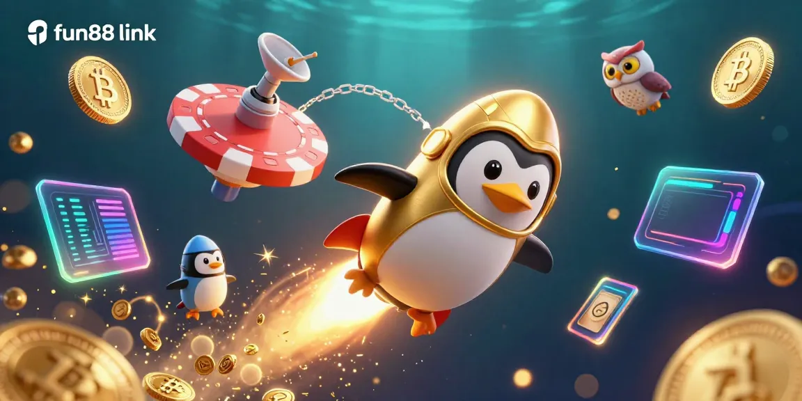 Experience excitement with fun88 link featuring a rocket-powered penguin heading to a casino space station, surrounded by crypto coins and festive elements.