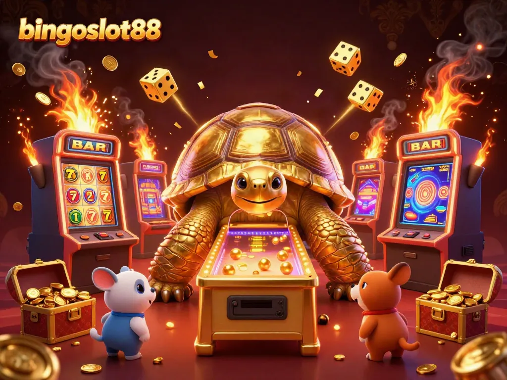 Permainan slot yang menarik di bingoslot88 dengan mesin pinball raksasa dan hewan kecil menunggu giliran.