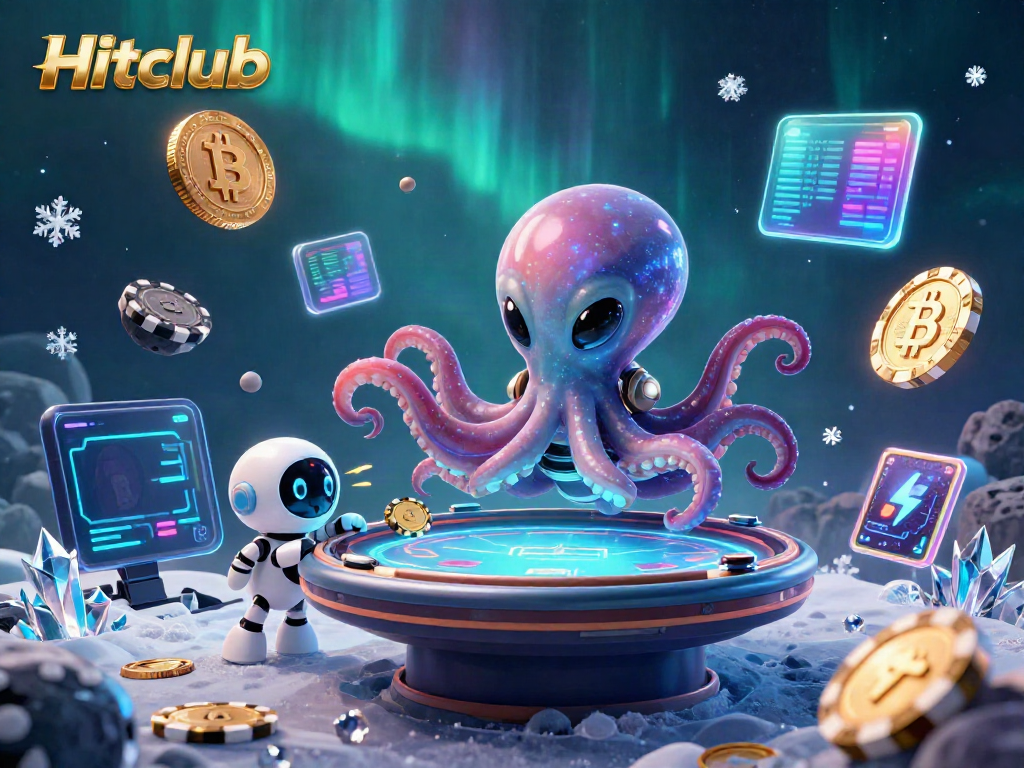Engage with Hitclub's dynamic gaming world featuring an alien octopus hosting an exciting poker game.
