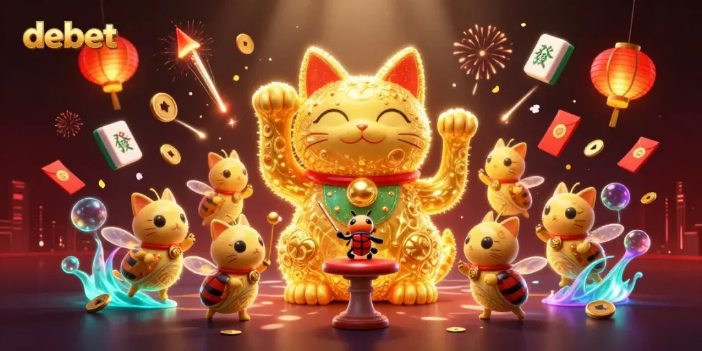 Engage with debet's vibrant casino world, featuring a lucky cat and dazzling symbols.