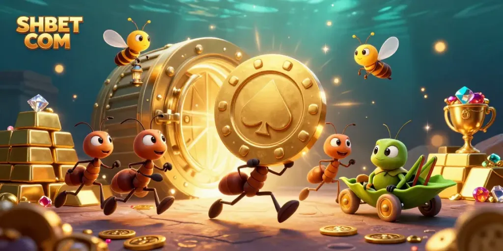 Bettors experience excitement at SHBET COM with vibrant heist scene featuring ants and treasure.