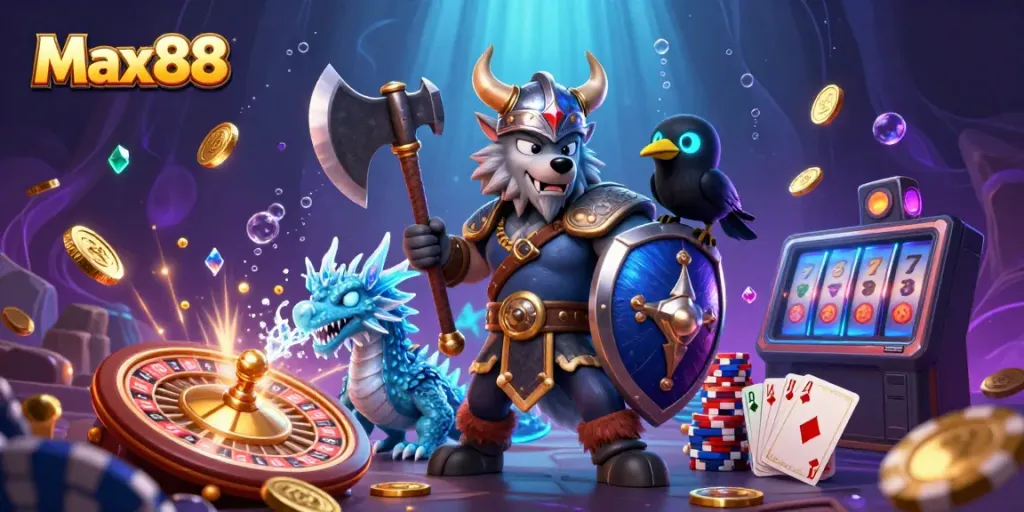 Max88 features a Viking wolf warrior, an ice-breathing dragon, and a glowing raven in a rich casino scene.