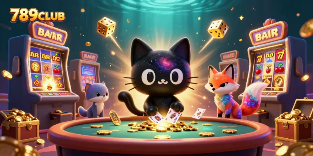 Engage with the dynamic 789CLUB casino scene featuring vibrant characters and games, showcasing excitement and fun.