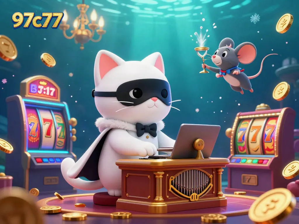 Win big at 97c77 with an enchanting casino scene showing vibrant slots and playful characters.