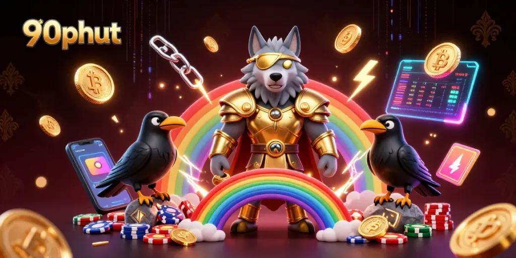 Bet on 90phut's thrilling action with vibrant Norse characters amidst casino chips.