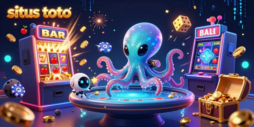 Menikmati momen menang di situs toto dengan alien dan robot, dikelilingi elemen permainan yang seru.