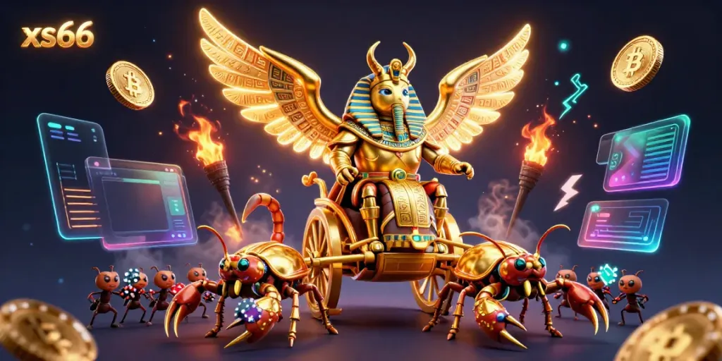 Engage in thrilling gameplay with xs66, featuring a golden scarab beetle and dynamic casino elements.