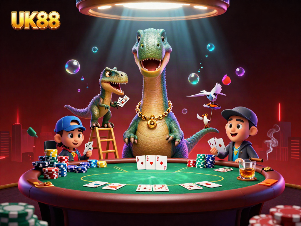 Experience thrilling gaming at UK88 with a vibrant casino scene featuring dynamic characters and rich visuals.