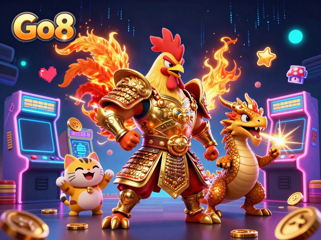Engage with Go8's vibrant gaming scene featuring a heroic rooster and a dragon hatchling amidst colorful game elements.